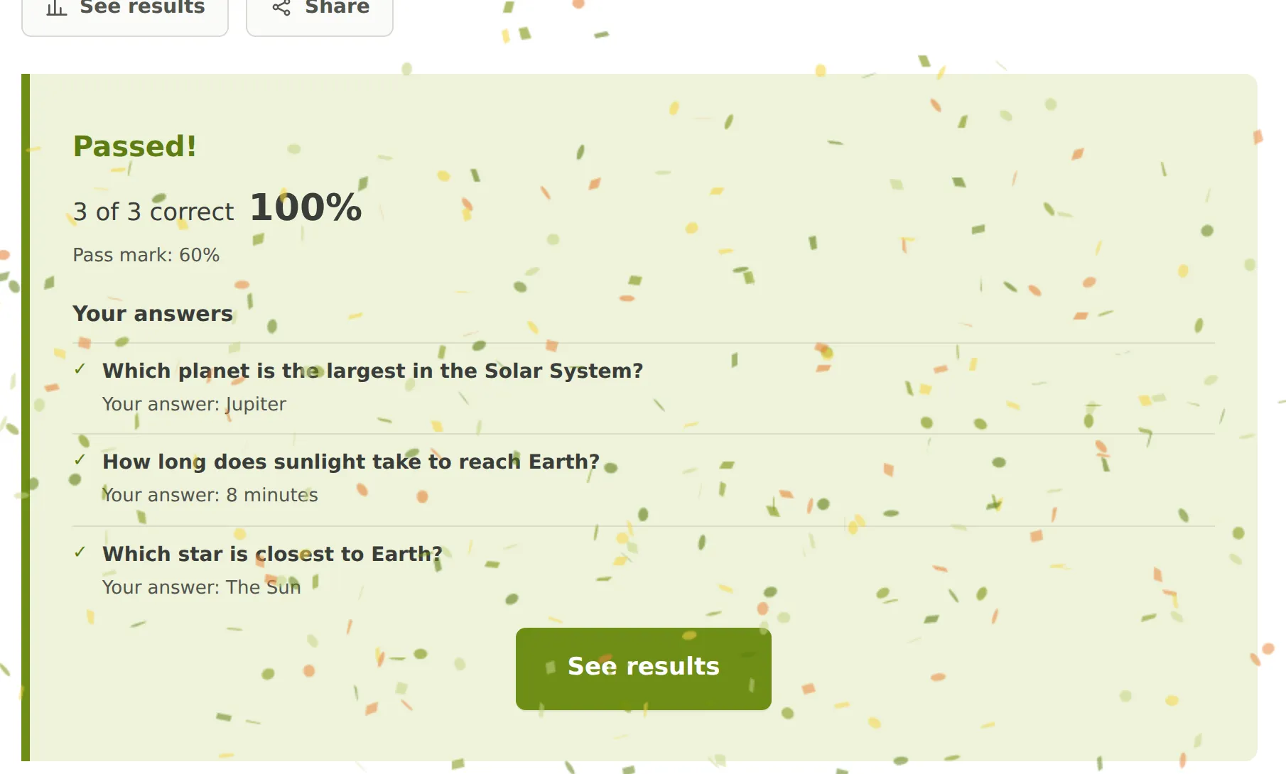 The quiz score card: “Passed! 3 of 3 correct, 100%” with the answer breakdown